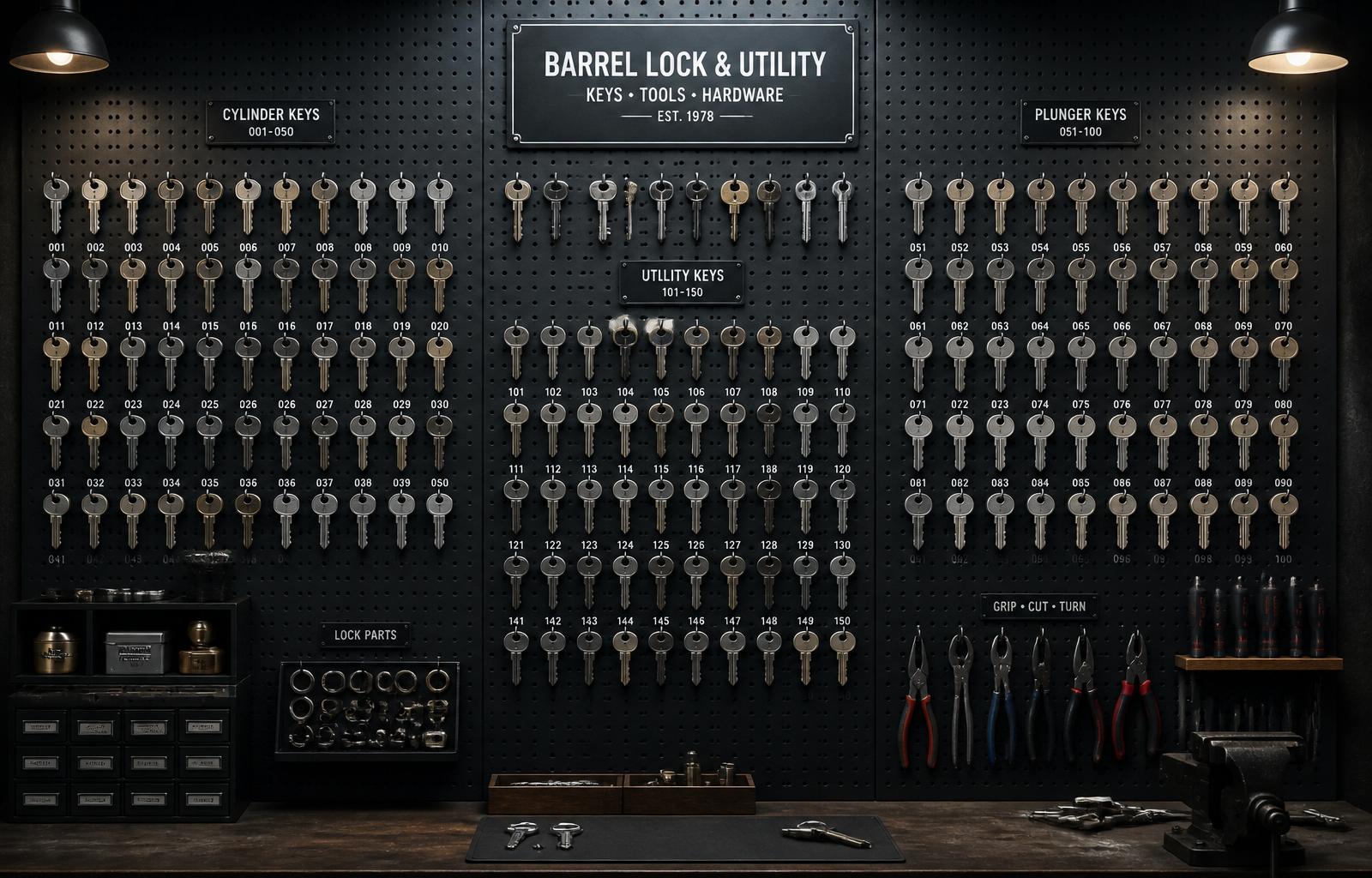 The wall of keys at Barrel Lock Meter Key